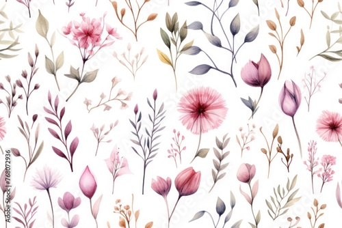 beautiful lightweight background with vintage style watercolor plants and floral elements on white photo