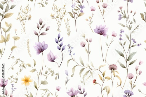 beautiful lightweight background with vintage style watercolor plants and floral elements on white © whitehoune