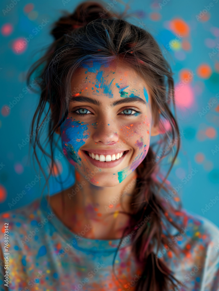 Naklejka premium Euphoric expression: a smiling face in vibrant Holi paint