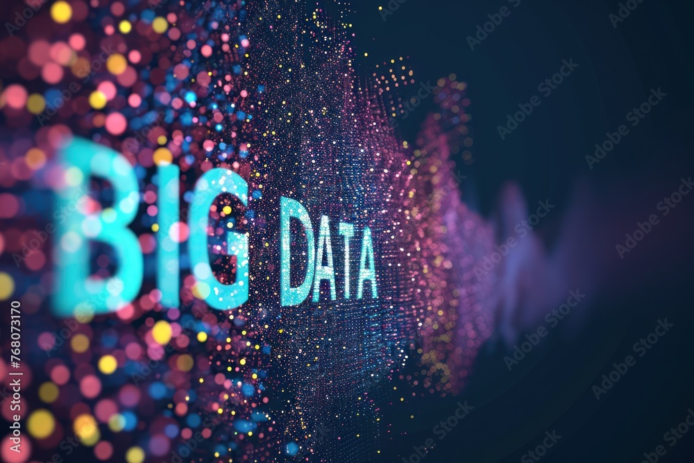 Digital background with the words "BIG DATA" forming from tiny particles multicolored 3D pixels in abstract digital space - obrazy, fototapety, plakaty 