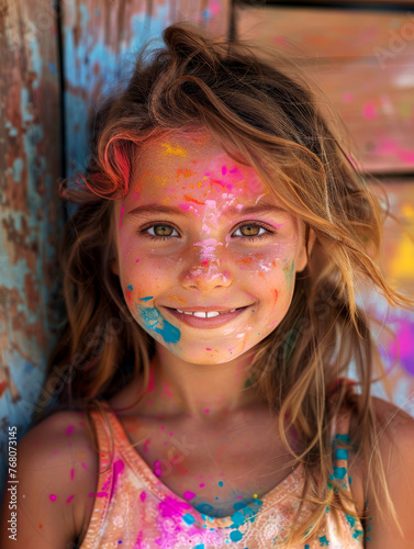 Happy hues: a girl's face glowing with Holi paint