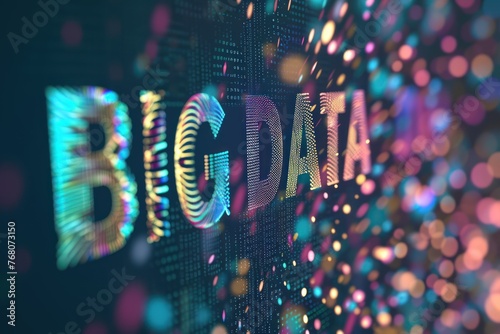 Digital background with the words "BIG DATA" forming from tiny particles multicolored 3D pixels in abstract digital space