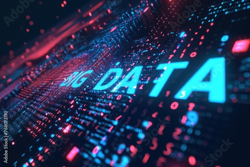 Digital background with the words "BIG DATA" forming from tiny particles multicolored 3D pixels in abstract digital space