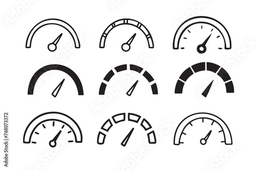hand drawn doodle Speedometer, tachometer icon collection. Speed indicator sign set. 