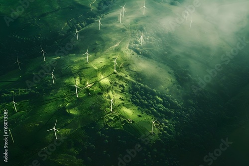 Promoting Sustainable Energy and Environmental Conservation: Aerial View of Wind Turbines in a Green Landscape. Concept Renewable Energy, Wind Turbines, Sustainability, Environmental Conservation