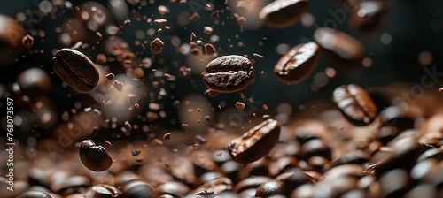 Roasted coffee beans levitating in motion on black background  creating an intriguing visual display