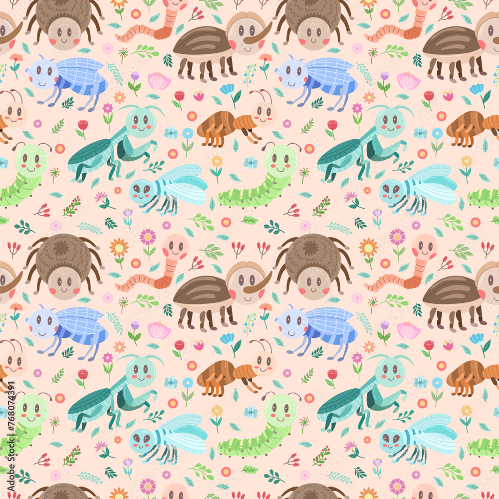 Seamless modern pattern with different cute insects. Vector ornament