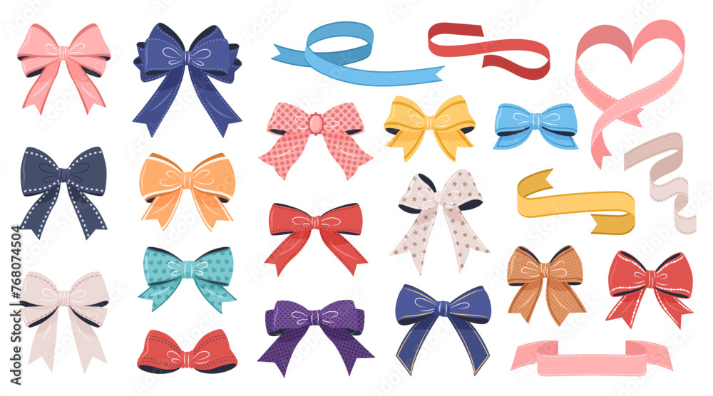 Multicolored patterned bowknot and ribbons collection. isolated gift bows on a white background. These festive vector illustrations can be used for decoration, celebrations, weddings and party designs Multicolored patterned bowknot and ribbons collection. isolated gift bows on a white background. These festive vector illustrations can be used for decoration, celebrations, weddings and party designs