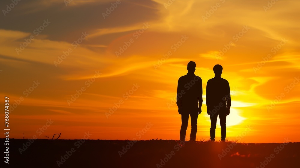 A pair of friends are captured in silhouette during a stunning golden hour, offering a scene of peaceful reflection on the horizon.