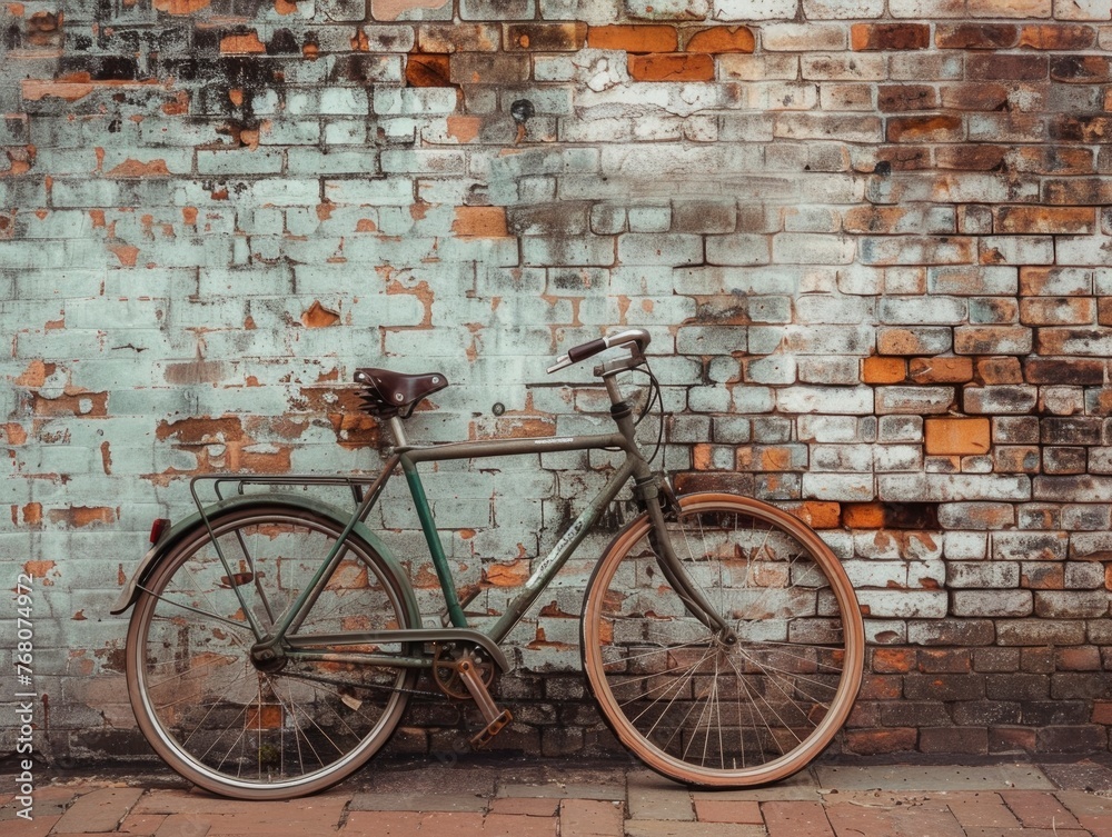 A green bicycle is leaning against a brick wall. The bike is old and has a vintage look to it