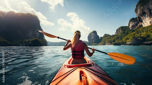Back view shot of young woman tourist paddling on kayaking on beautiful lake in sunny day on natural mountains backgrounds, Active lifestyle, active water sports, spring summer outdoor activities. © JW Studio