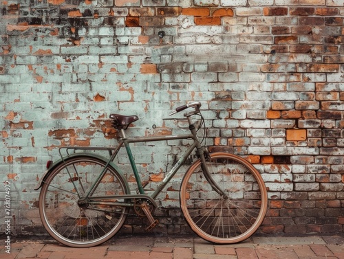 A green bicycle is leaning against a brick wall. The bike is old and has a vintage look to it