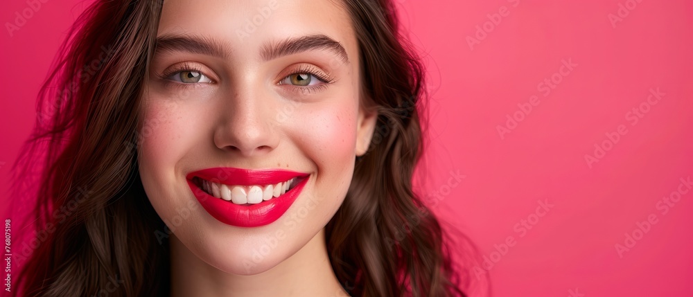 A woman with a red lipstick and smile on a pink background A woman with a red lipstick and smile on a pink background