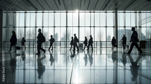 Business people walking in a big hall .