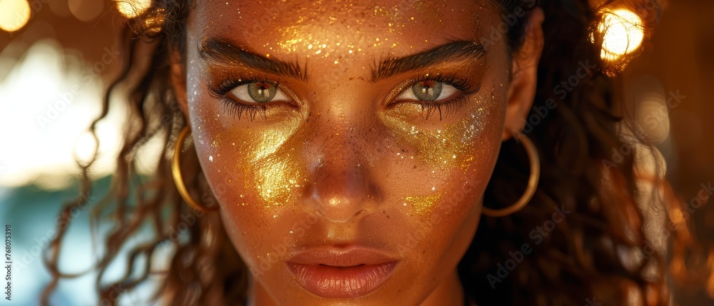 A close-up image of a woman with gold paint on her face and her hair flowing in the wind A close-up image of a woman with gold paint on her face and her hair flowing in the wind