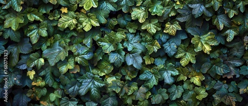   A close-up of green and yellow leaves on a wall with multiple layers of green leaves