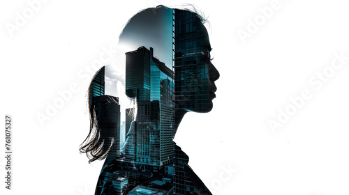 Photo of girl on white background consisting of buildings. Double exposure photography