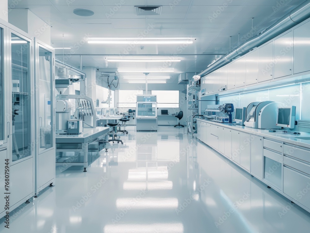 A large, sterile room with white walls and floors. The room is filled with medical equipment and supplies, including a computer, a chair, and a refrigerator