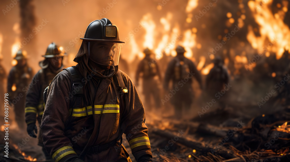 Firefighters in protective gear march towards a forest flames. Generative AI Firefighters in protective gear march towards a forest flames. Generative AI