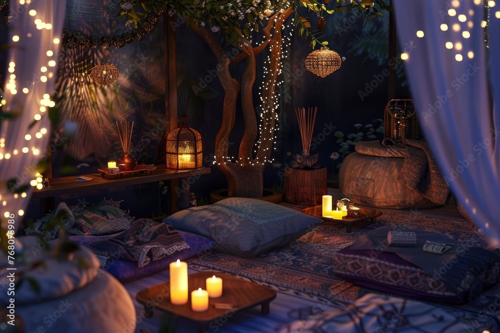 A cozy, dimly lit room with a tree in the background. The room is decorated with candles and lanterns, creating a warm and inviting atmosphere. There are several pillows A cozy, dimly lit room with a tree in the background. The room is decorated with candles and lanterns, creating a warm and inviting atmosphere. There are several pillows