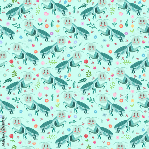 Seamless pattern with cute cartoon mantises on a green background. Vector