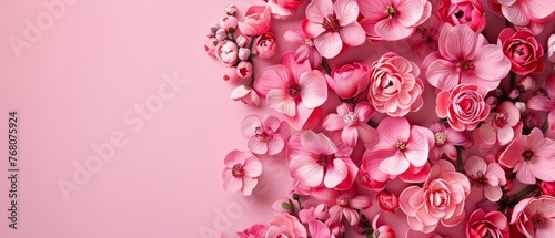   A pink backdrop adorned with a collection of pink flowers provides a picturesque setting for adding text or images to a card or brochure © Jevjenijs