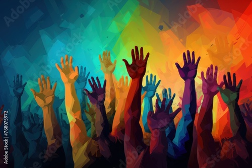 Multicolored raised hands. The concept of the struggle for rights, freedom, rally, elections.