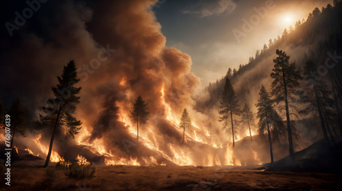 Amidst the chaos of a raging forest fire, flames consume trees. Generative AI