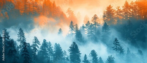  A forest with numerous trees in the foreground and an orange sky in the background