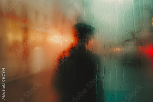 A lonely blurred silhouette at rainy misty night street. A blur art of a man figure view through the misty foggy glass with drops and rain streams on it. Concept of loneliness in city.