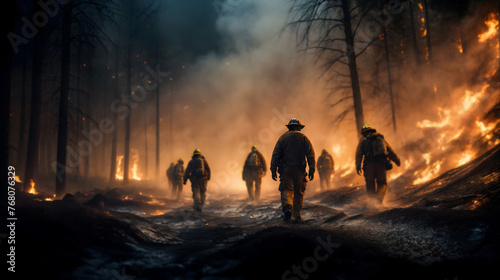 Firefighters clad in protective gear stride towards a raging fire, Generative AI photo