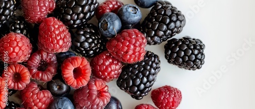  A white surface with raspberries and blackberries arranged in a pile, with blueberries nestled in the center