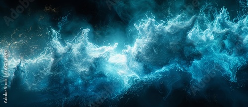  A digital art piece featuring a vibrant wave of blue and white paint against a dark backdrop, appearing as an abstract painting