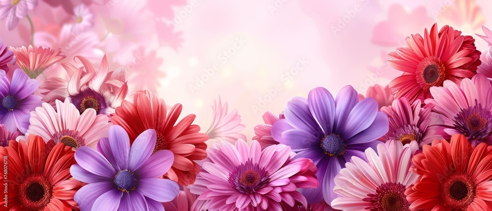 multiple vibrant flowers against a pink-red backdrop, with soft focus lighting in the background multiple vibrant flowers against a pink-red backdrop, with soft focus lighting in the background