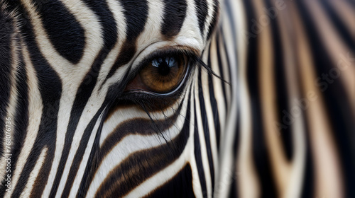 A closeup of a zebra eye, showcasing the brown hue of its iris, Generative AI