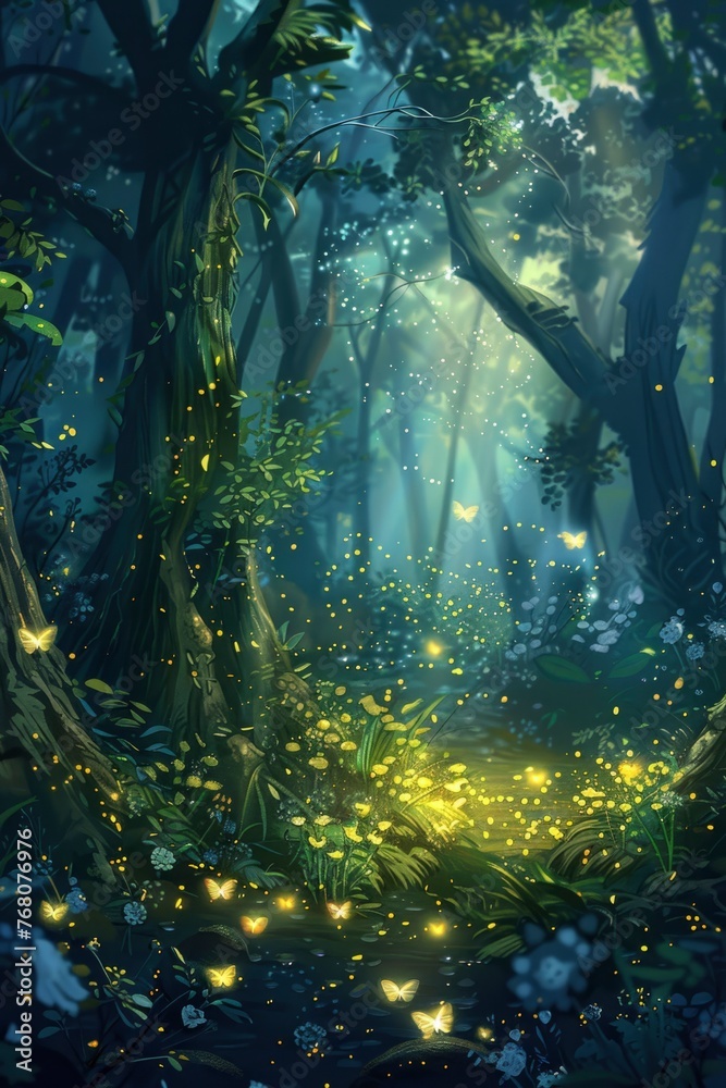 Fototapeta premium A forest scene with a path and butterflies flying around