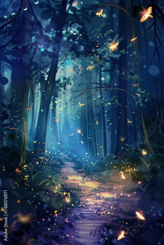 A forest with a path and butterflies flying around