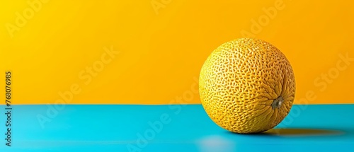   Cantaloupe sits on blue table next to yellow-blue walls against yellow background