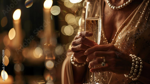 Lady with luxurious champagne in her hands at a prestigious party
