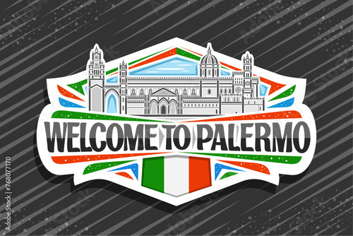 Vector logo for Palermo, white decorative signage with illustration of roman catholic archdiocese of palermo on day sky background, line art design refrigerator magnet with words welcome to palermo