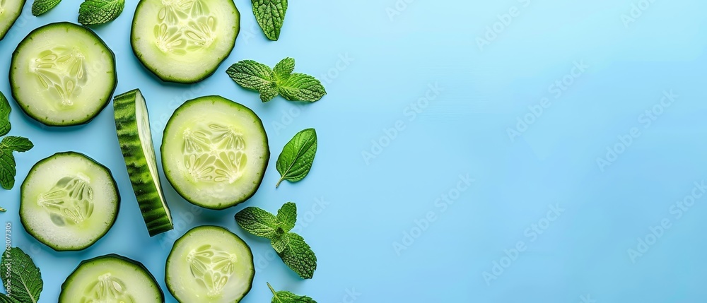 Cucumber slices on a blue background with mint leaves next to the cucumber Cucumber slices on a blue background with mint leaves next to the cucumber