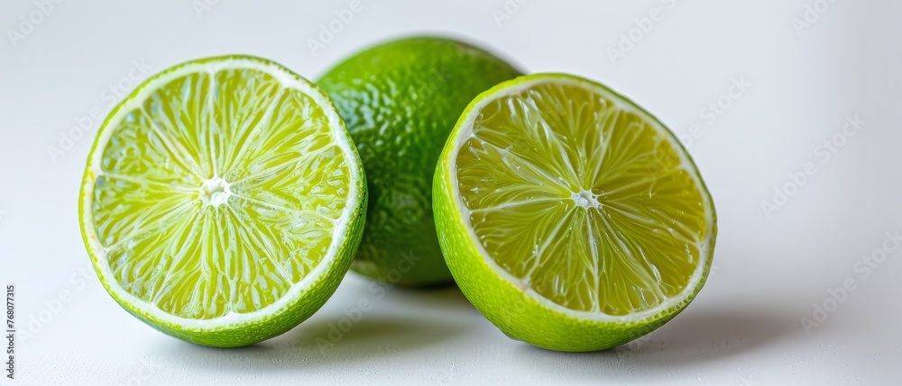 Two halved limes sit on a white surface Two halved limes sit on a white surface
