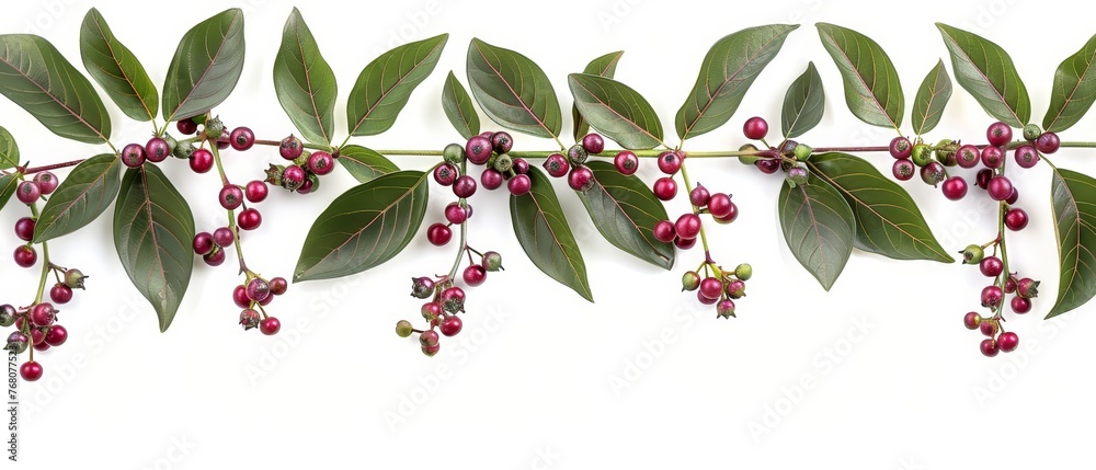 Red berries and green leaves dangle on a twig, surrounded by more twigs adorned with red berries and green leaves Red berries and green leaves dangle on a twig, surrounded by more twigs adorned with red berries and green leaves