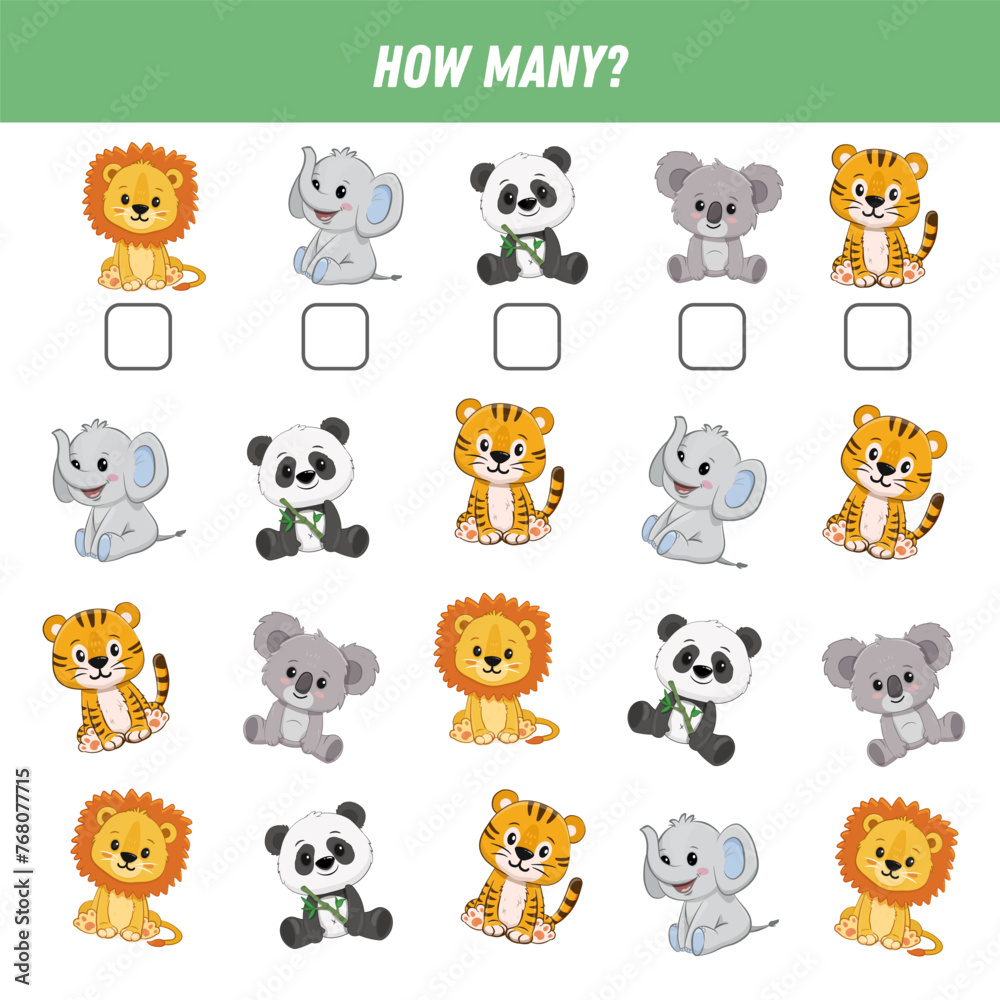 How many animals are there. Count the number of animals. Cute lion, elephant, panda, koala, tiger. Math worksheet for kids. Vector How many animals are there. Count the number of animals. Cute lion, elephant, panda, koala, tiger. Math worksheet for kids. Vector