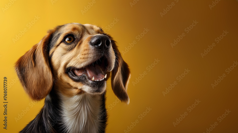 Beagle breed dog stands on a yellow background, empty copy space. Generative AI