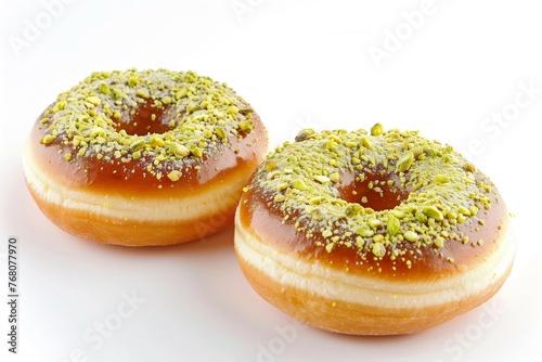 Two donuts topped with pistachio nuts on white background.