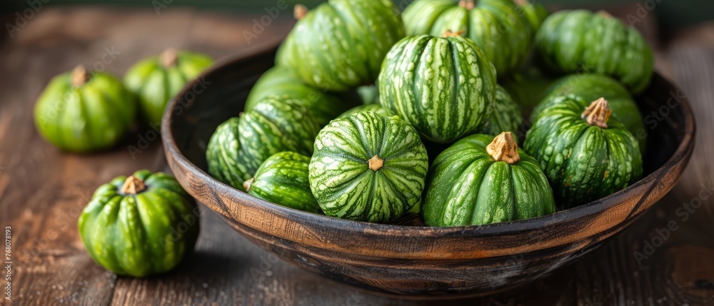 A wooden bowl holding green gourds rests atop a wooden table, adjacent to a second bowl brimming with the same A wooden bowl holding green gourds rests atop a wooden table, adjacent to a second bowl brimming with the same