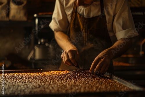 Editorial Photography of a barista examining freshly roasted coffee beans, focus on the beans' color and texture, warm lighting