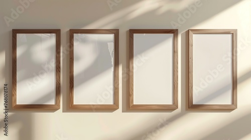 Four empty wooden frames hanging on a beige colored wall. The frames are modern and stylish. The frames cast a small shadow. Generated by artificial intelligence.