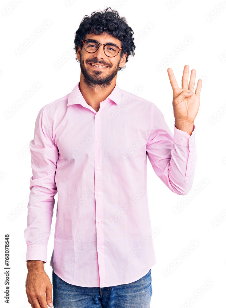 Handsome young man with curly hair and bear wearing business clothes showing and pointing up with fingers number four while smiling confident and happy. Handsome young man with curly hair and bear wearing business clothes showing and pointing up with fingers number four while smiling confident and happy.